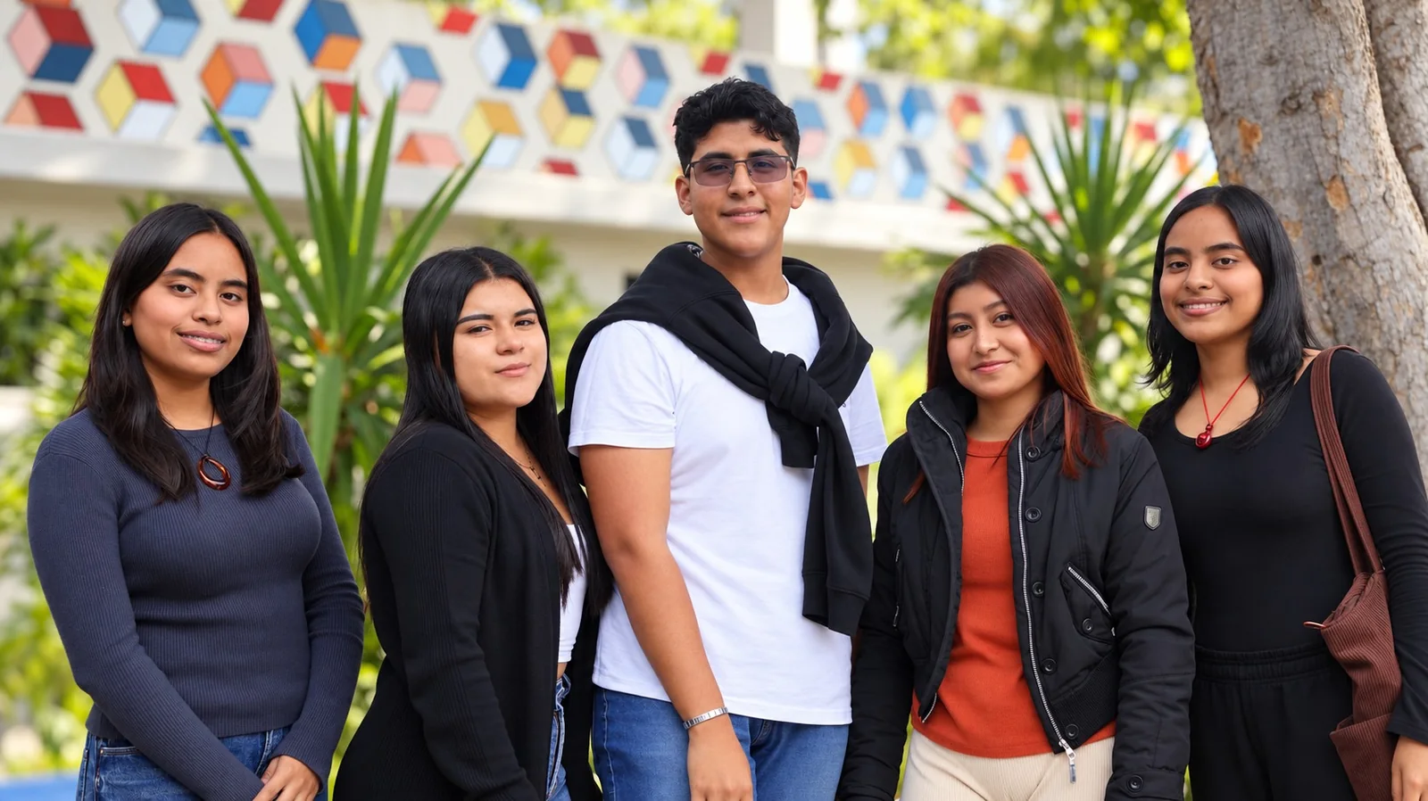 Cinco estudiantes de IUDY frente al mural del campus